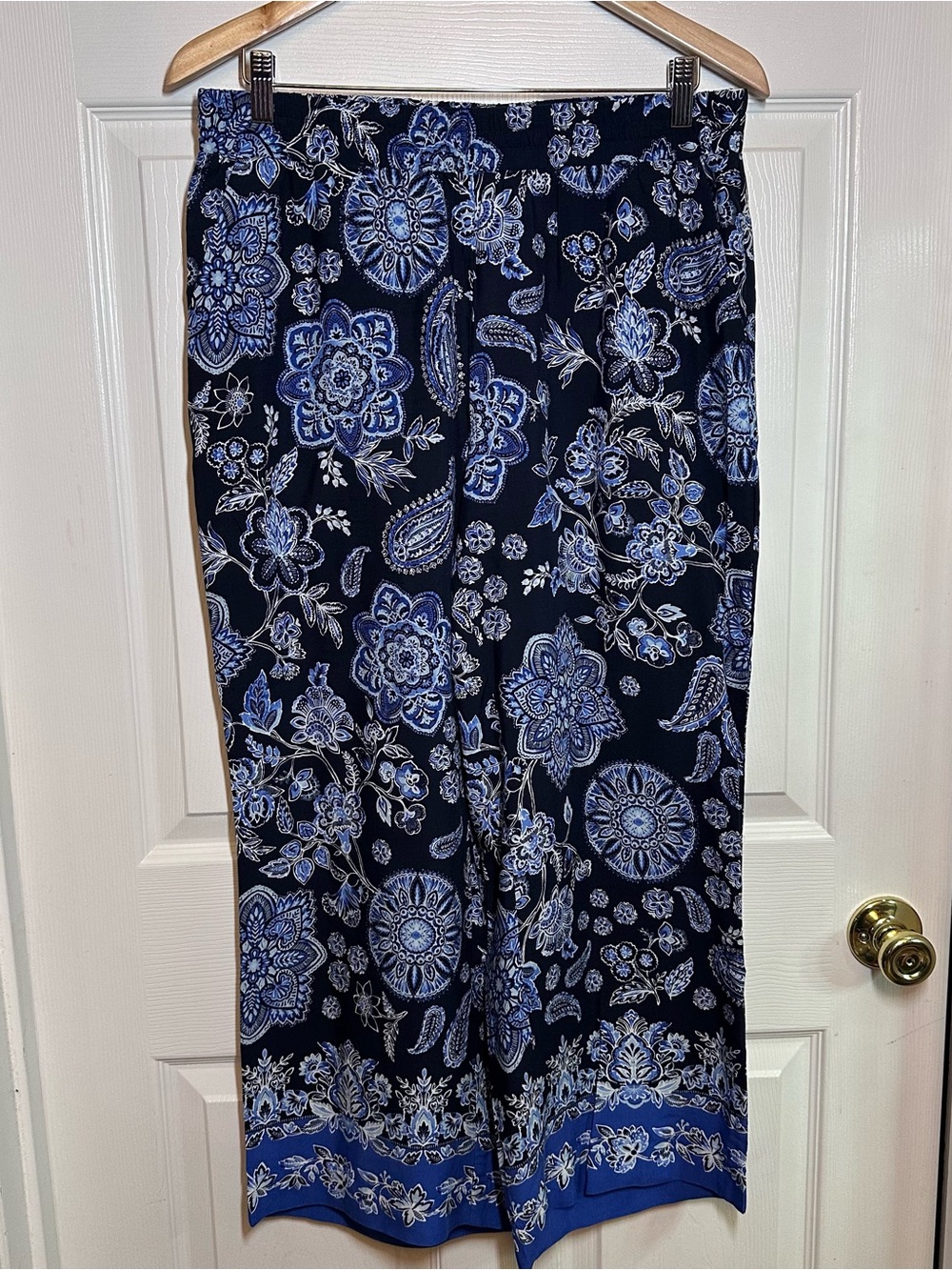 NWT Loft Elastic Waist Boho Wide Leg Flowy Pants Women's M Blue Floral Paisley